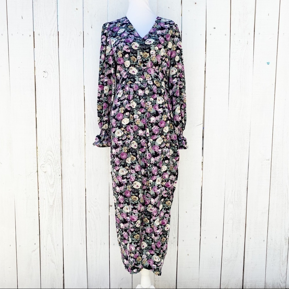 SHEIN Maxi Dress XL Floral Purple V-Neck Long Sleeve Smocked Cuff